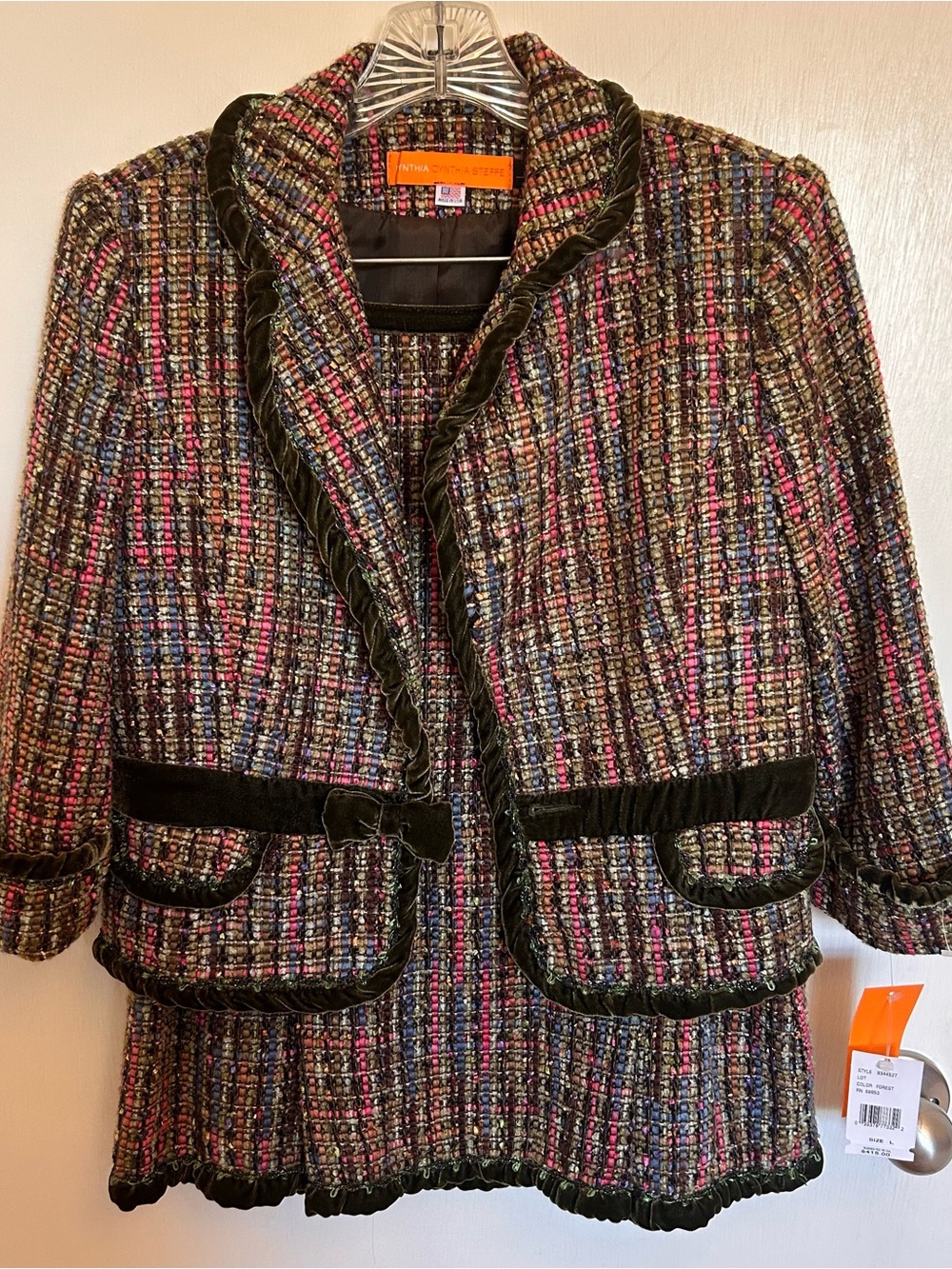 Cynthia Steffe Multicolor Tweed Jacket and Skirt Suit with Olive Velvet Trim